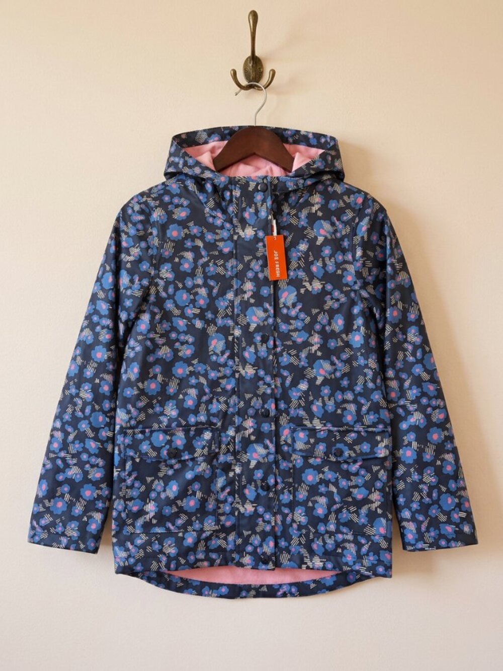 Joe Fresh Navy Floral Hooded Raincoat Fleece Lined Girls L 10-12